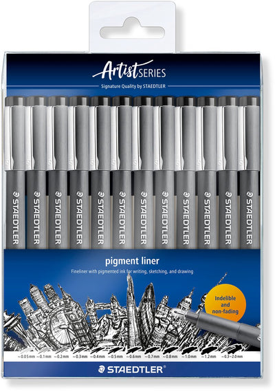 Staedtler - serie artista - pigment liner 308 - estuche con 12 anchos de línea - negro