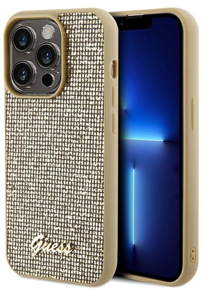 Guess disco metal script - estuche rígido - iPhone 14 pro max - carcasa dorada