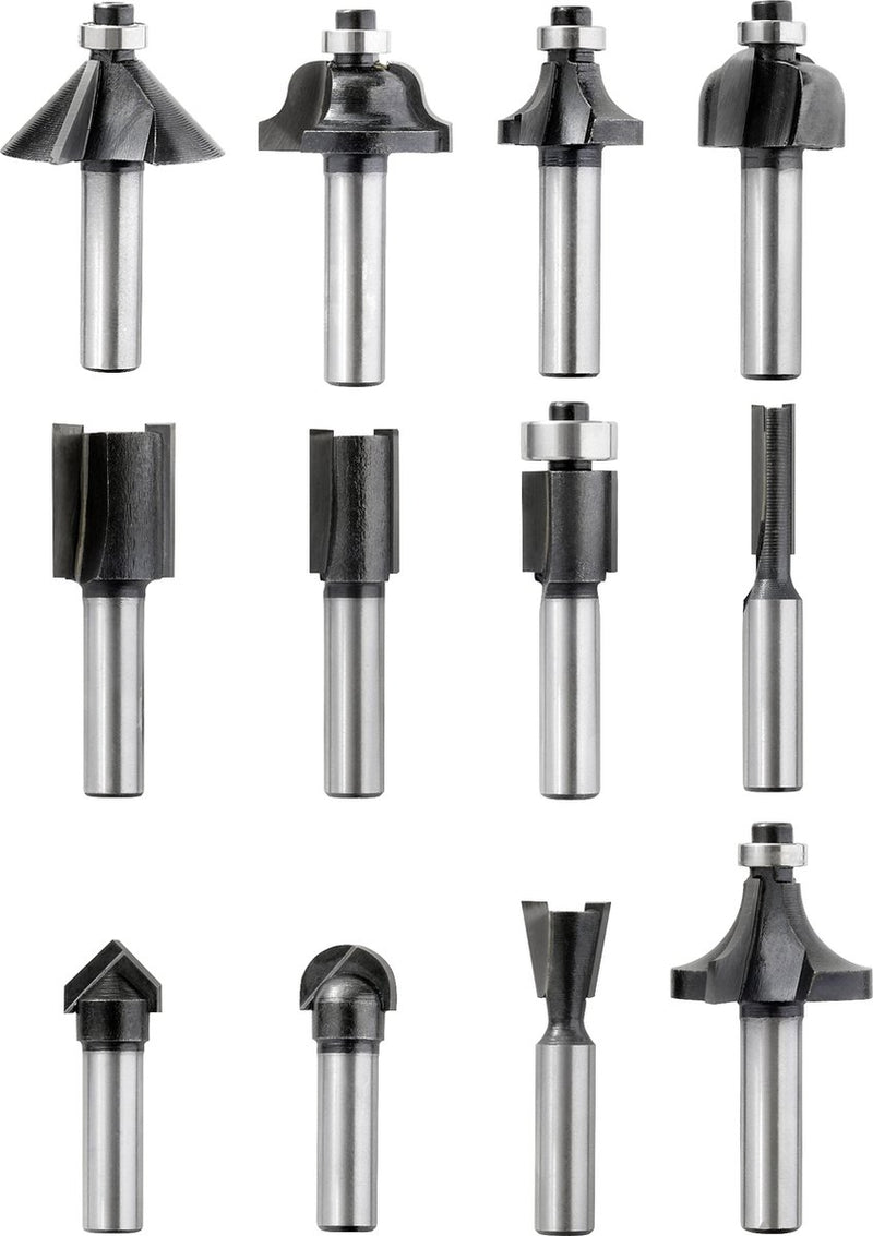 Set di frese Kwb, 12 pezzi, (fresa per scanalature a V, fresa per scanalature e molto altro) metallo duro, cuscinetti a sfere reggispinta inclusa chiave esagonale e custodia in legno