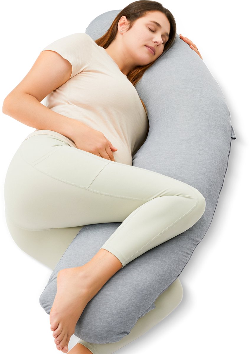 Cuscino per gravidanza Momcozy a forma di J – cuscino ergonomico di supporto per dormire sul fianco – tessuto jersey – grigio chiaro