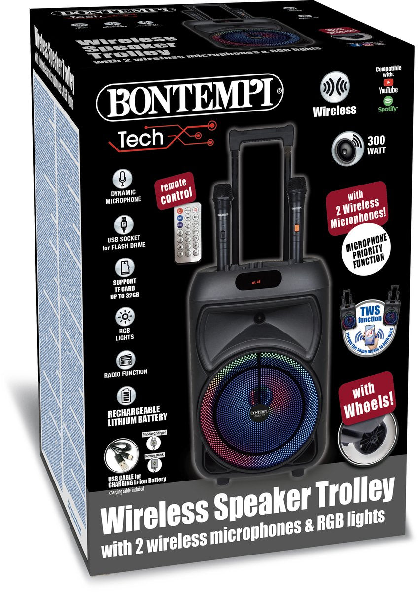 Bontempi spa botempi - altavoz inalámbrico con ruedas - con 2 micrófonos inalámbricos - efectos de luz