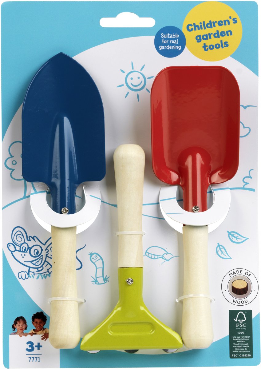 Klein Toys - Set attrezzi da giardino per bambini - Pala, paletta e rastrello - Metallo e legno