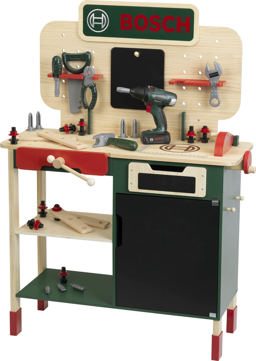 Klein toys - Bosch wooden workbench - height adjustable - electric cordless drill, tools with light and sound effects