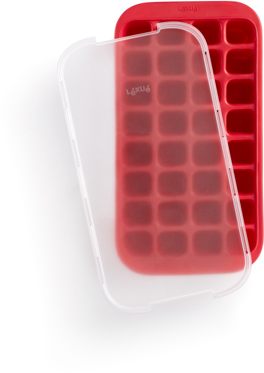Vaschetta per cubetti di ghiaccio Lékué con coperchio - quadrata - rossa