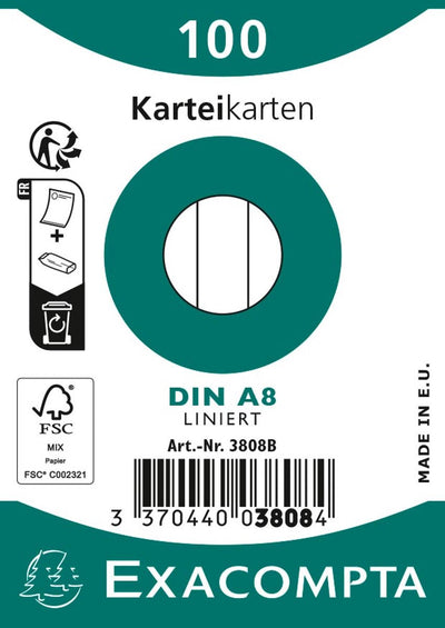 Exacompta 1x pacco da 100 cartoncini in pellicola - righe Bristol non perforate 55x74mm, bianco