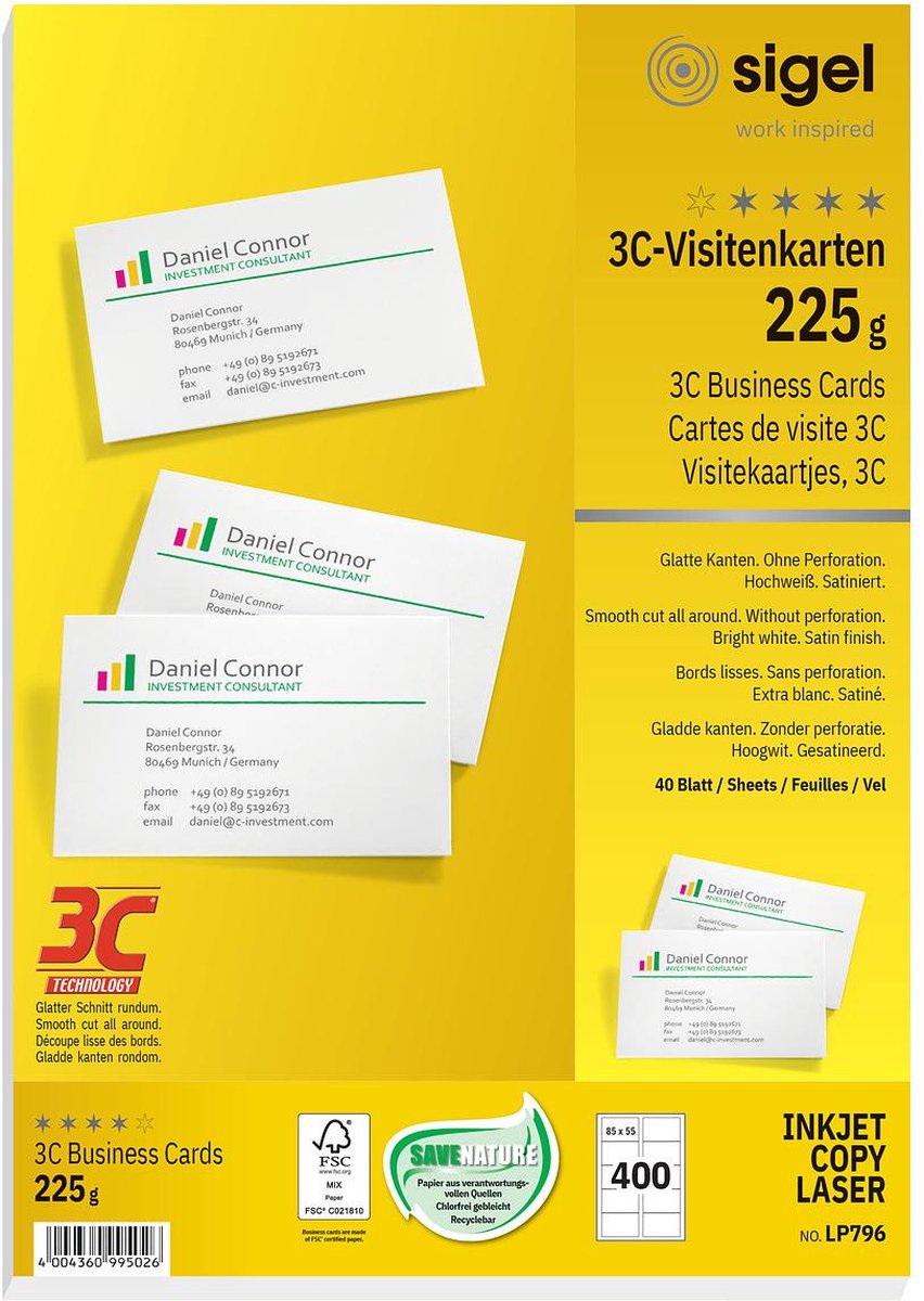 Sigel visitekaartjes - wit - 85x55 mm - 225 gram - 400 stuks - si-lp796