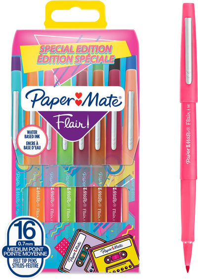 Paper mate flair-viltstiften | medium punt (0,7 mm) | diverse retrokleuren | 16 stuks