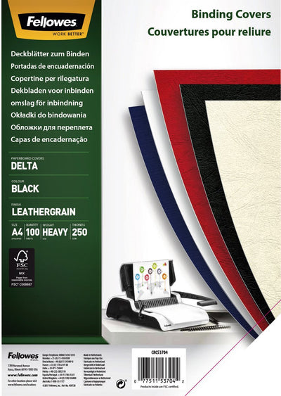 Pack 100 fundas de encuadernación negras 5370405 Fellowes leatherboard a4