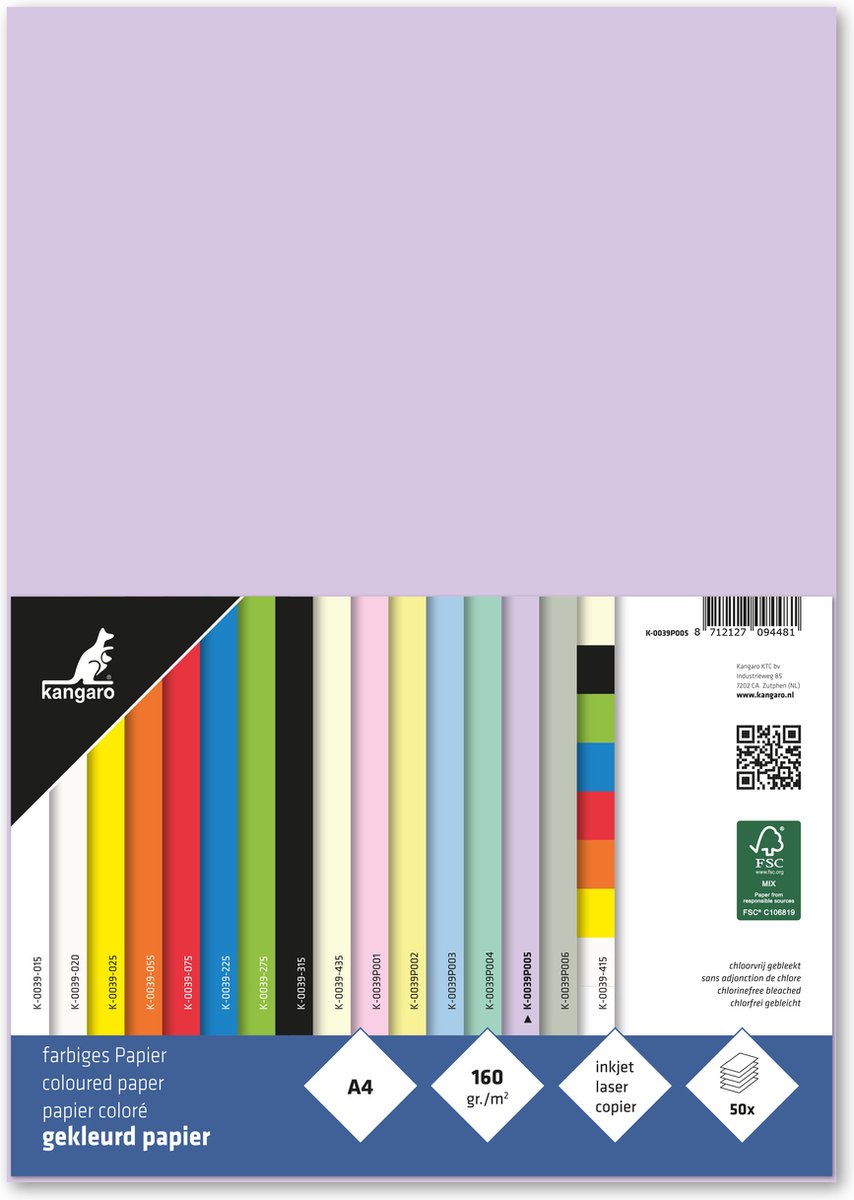 Kangaro papier - a4 - 160 gram fsc - pak 50 vel - pastel lila