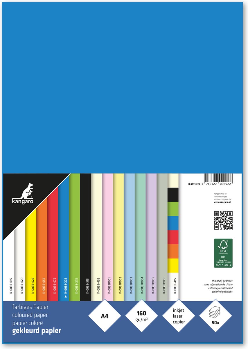 Kangaro papier - a4 - 160 gram fsc - pak 50 vel - blauw
