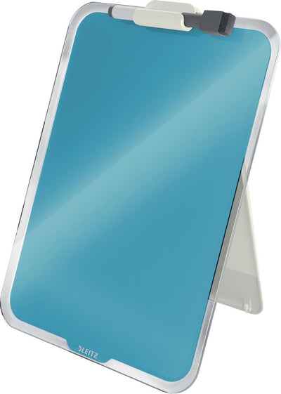 Comoda lavagnetta in vetro scrivibile Leitz per scrivania - portablocco formato A4 - lavagnetta in vetro con portapenne e mini pennarello con gomma - blu sereno