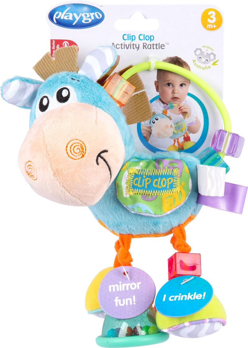 Sonajero playgro clip clop - azul - juguete de actividad - sonajero - regalo de maternidad - juguetes para bebés - juguete para bebé - accesorio para cochecito - peluche - sonajero para bebé - juguete para la dentición - juguete para agarrar - bebé