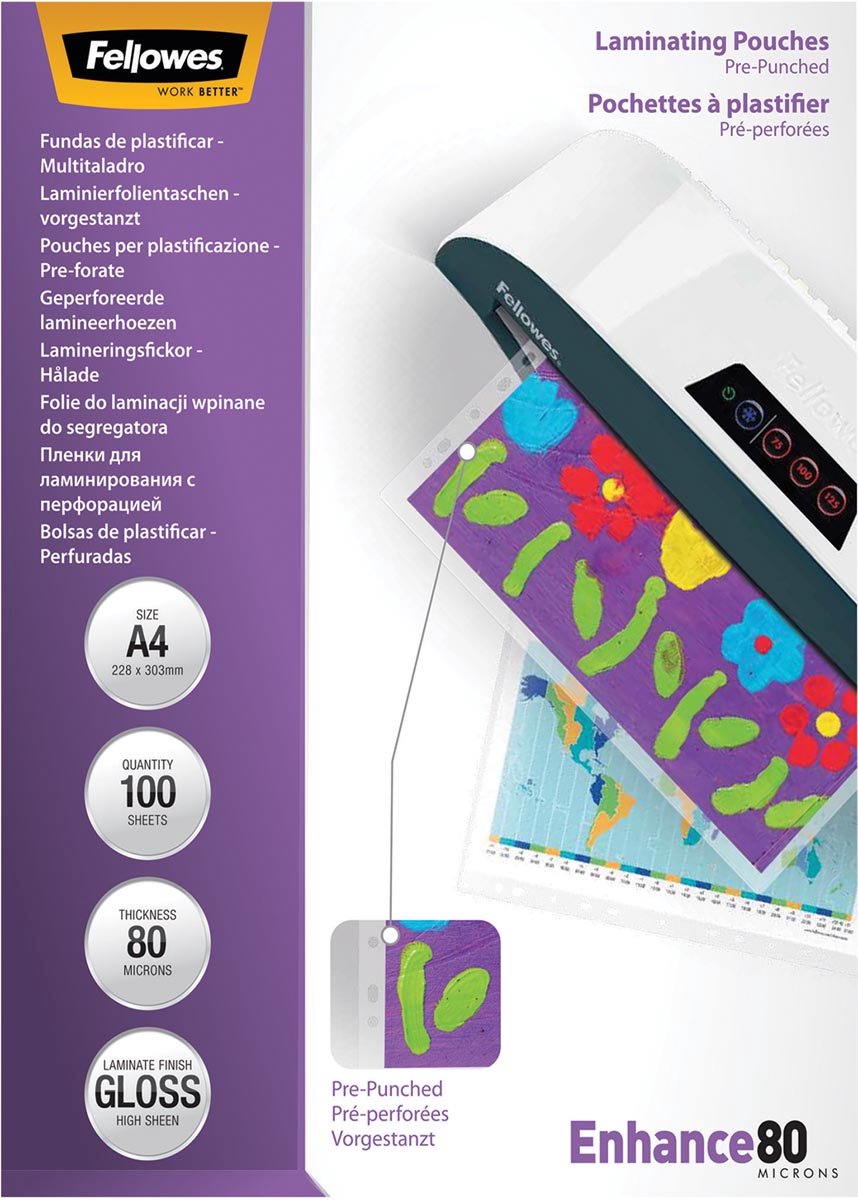 Fellowes laminating pouches a4 - glossy - perforated - 80 micron - 100 pieces