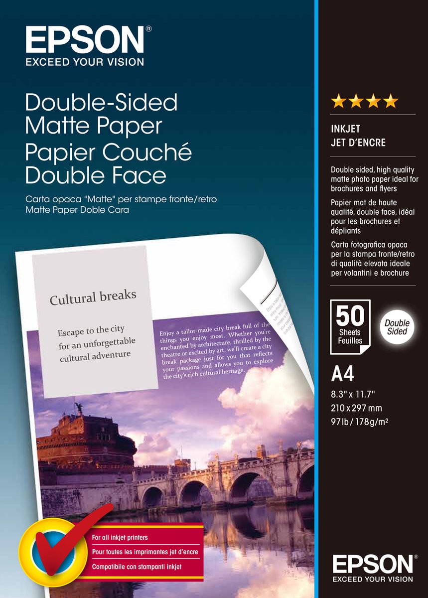 Epson papel mate doble cara c13s041569 papel fotográfico din a4 178 g m² 50 hojas imprimibles a doble cara, mate
