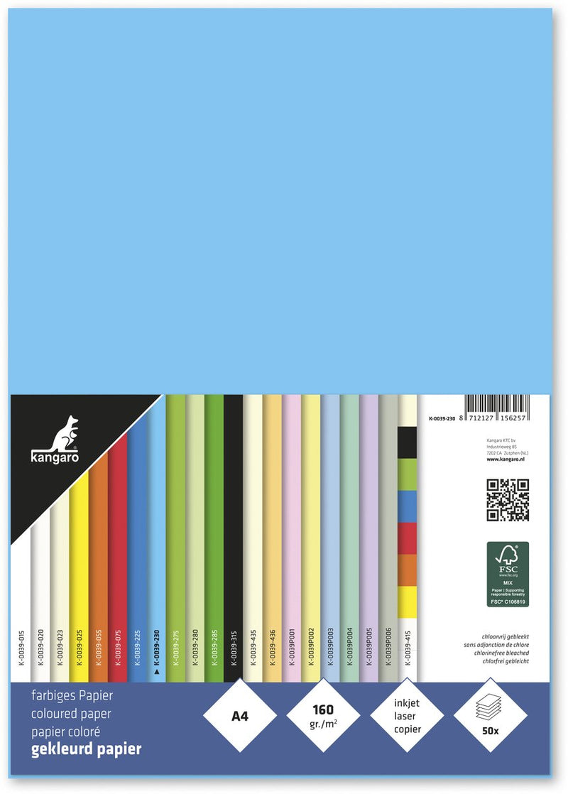 Papel canguro - a4 - 160 gramos fsc - paquete 50 hojas - azul celeste - k-0039-230