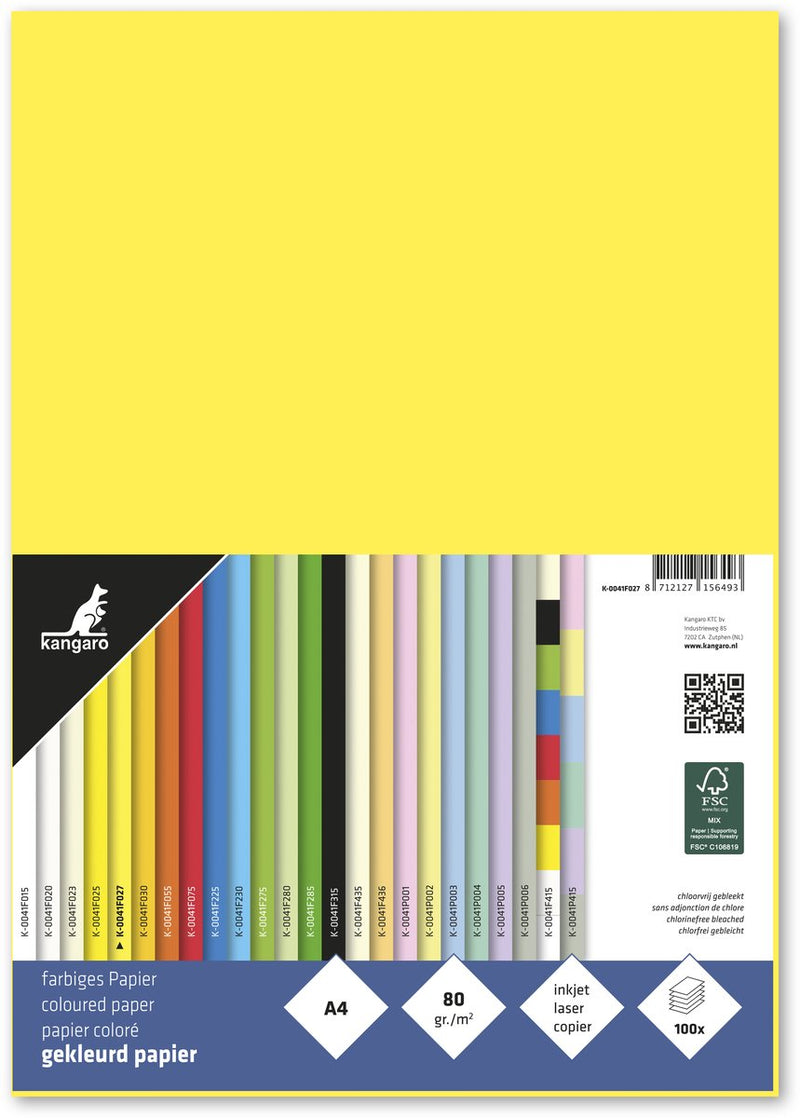 Merkloos sans marque kangaro papier - formaat a4 - 80 grams - kanarie geel - pak 100 vel - k-0041f027