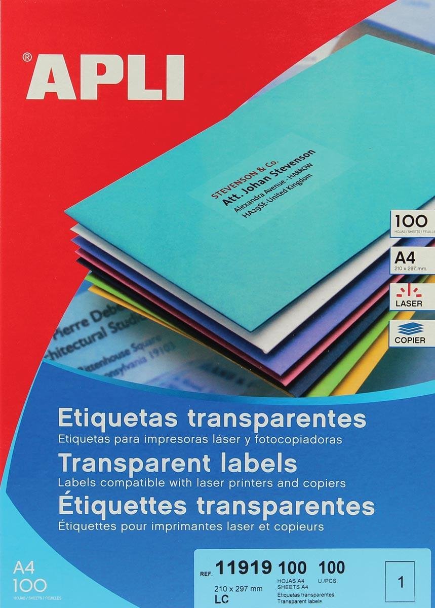 Apli transparante etiketten formaat 210 x 297 mm (b x h) 100 stuks 1 per blad doos van 100 blad