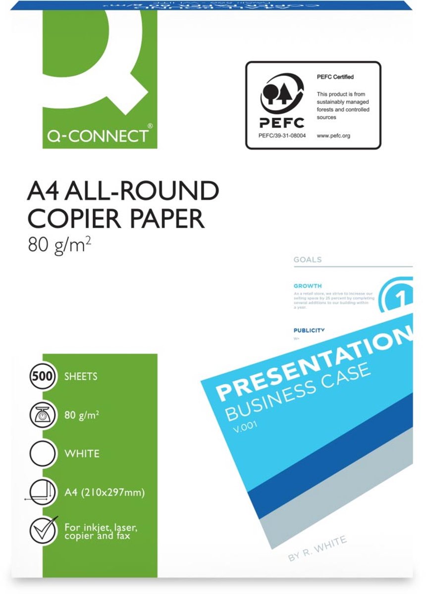 Papel de copia universal Q-connect, ft a4, 80 g, caja de 5 unidades de 500 hojas, blanco