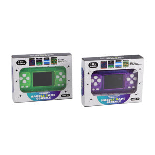 108 giochi in 1 console di gioco con schermo a colori verde e viola.