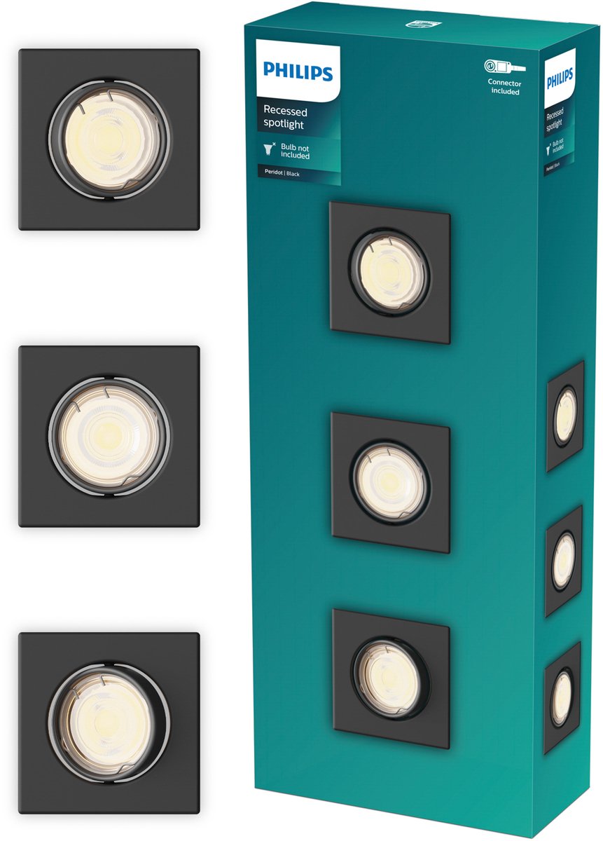 Philips led philips peridot inbouwspot - gu10 fitting - zwart - vierkant - richtbare spot - 3-pack
