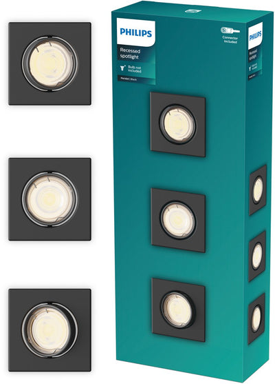 Faretto da incasso Philips LED Philips Peridot - attacco gu10 - nero - quadrato - faretto direzionale - pacco da 3