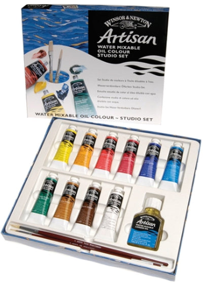 Winsor Newton 1590268 artisan water mixable oil color - studio set 10x37ml + medium brushes