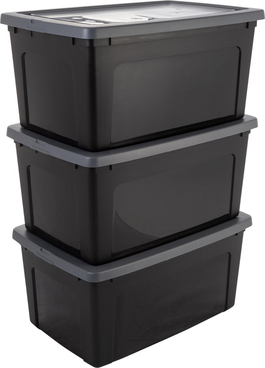 Iris clearbox opbergbox - 50l - kunststof - zwart grijs - set van 3