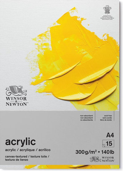 Blocco di carta acrilica Winsor Newton 6534005 Galeria – 300 g m², A4, 15 fogli, incollati, struttura in tela - Blocco acrilico A4