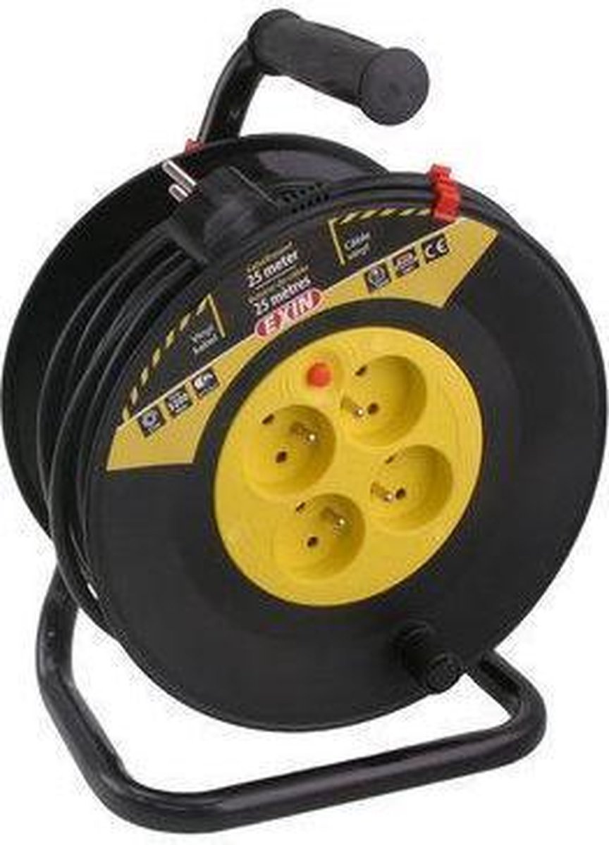 Q-link exin kabelhaspel - met penaarde - 25 meter snoer - 3 x 1.5 mm2 vinylkabel - zwart geel