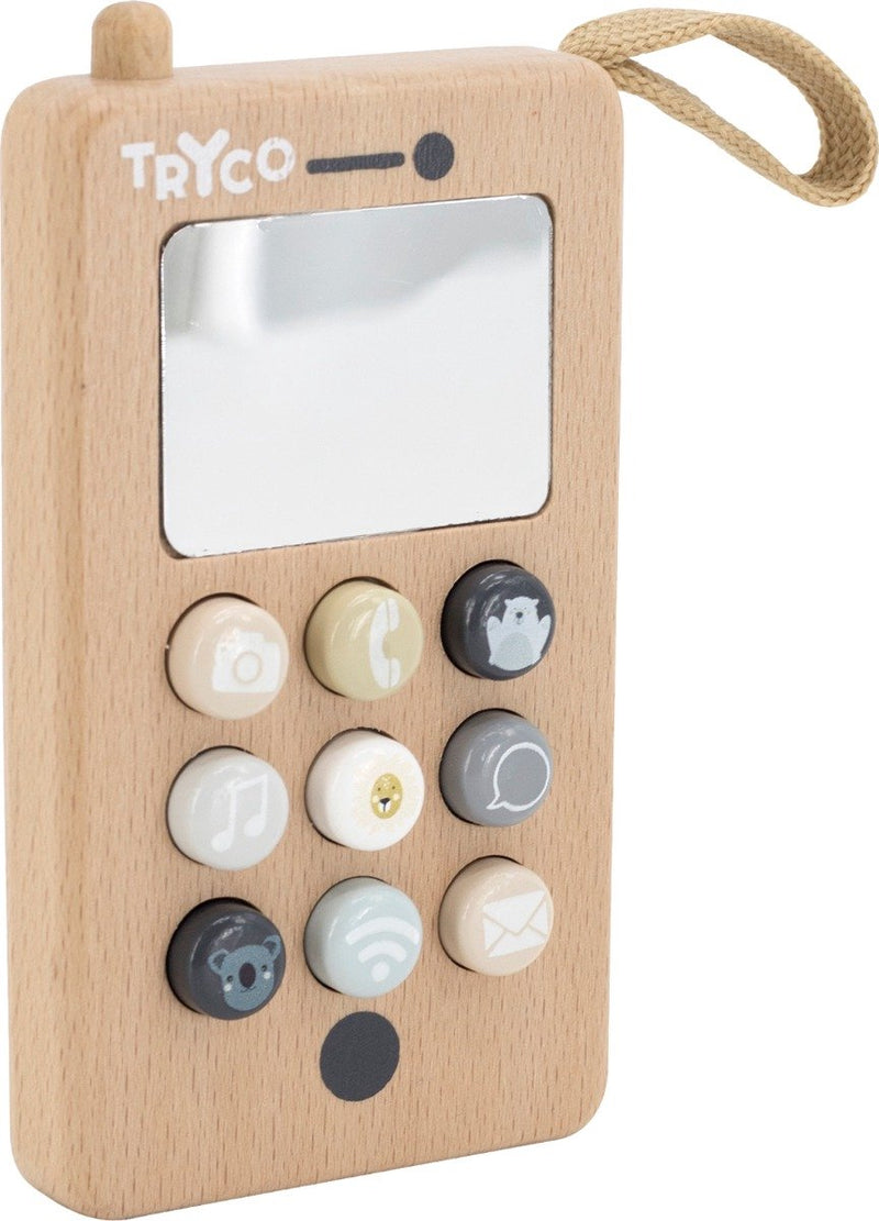 Telefono in legno Tryco - telefono giocattolo in legno - pulsanti, specchio e cordino - stimola le capacità motorie e il gioco fantasioso - da 12 mesi