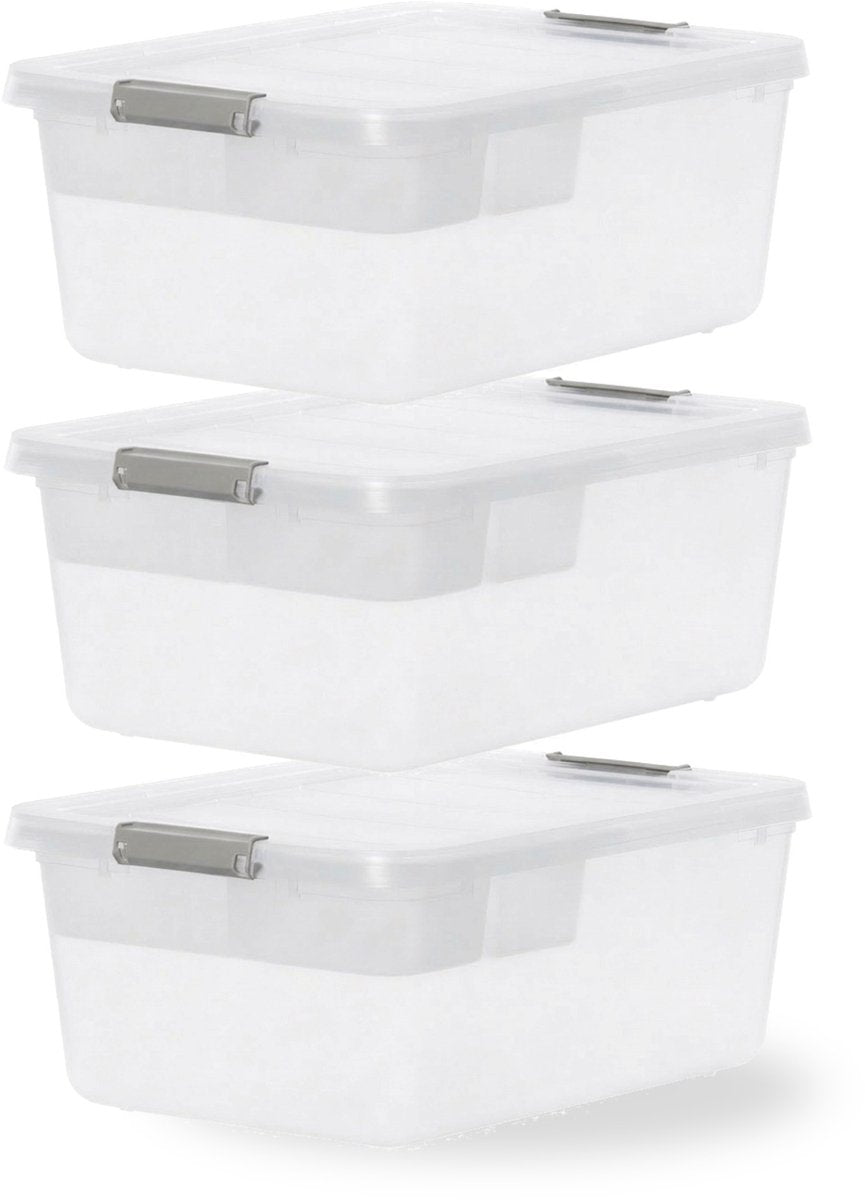 Scatola portaoggetti Iris con clip e vassoio interno - 12,5 l - organizzabile - plastica - grigio trasparente - set da 3