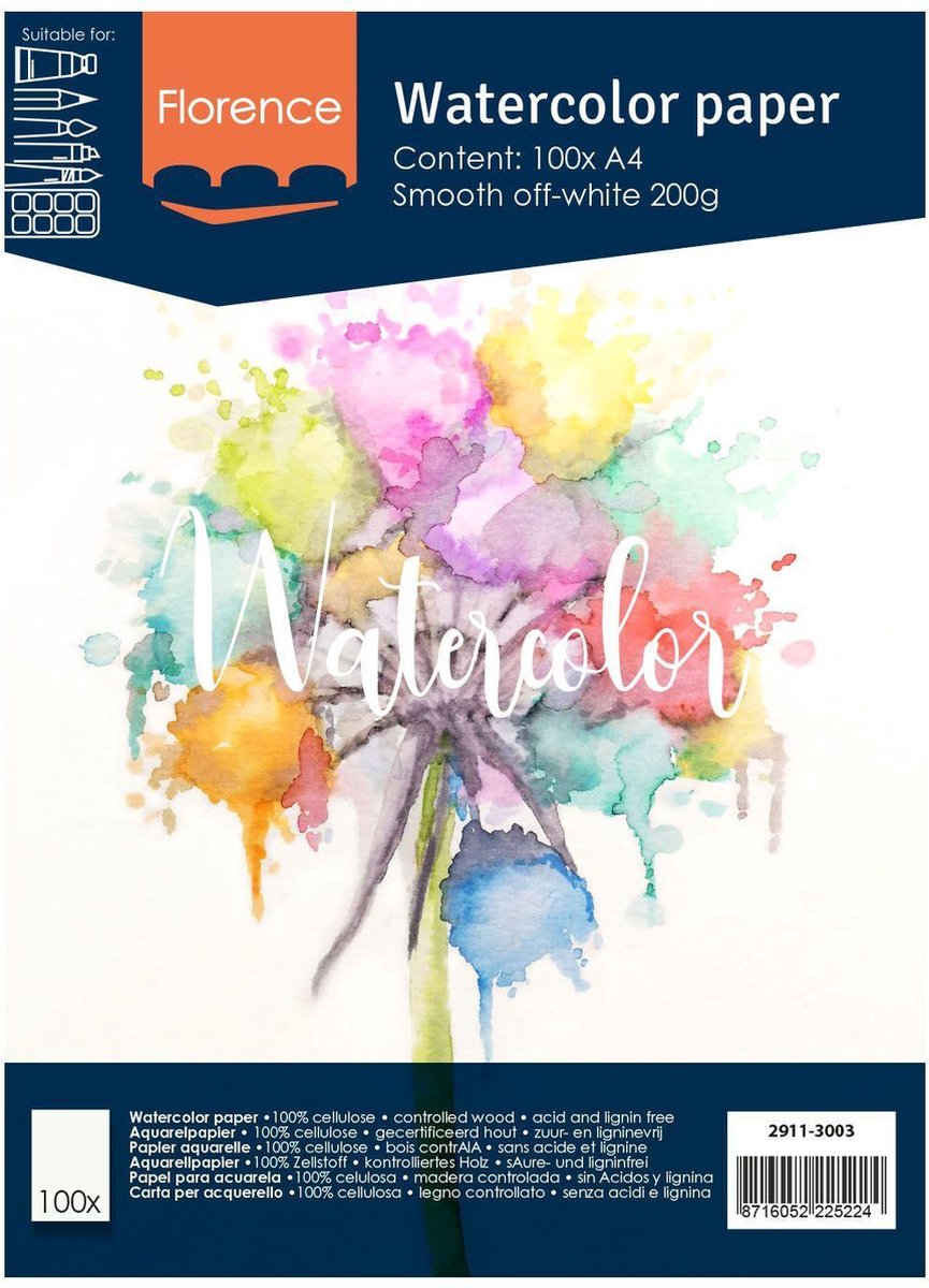 Florence vaessen aquarelpapier - off white - a4 - 200 grams - gladde structuur - smooth - florence - 100 vellen