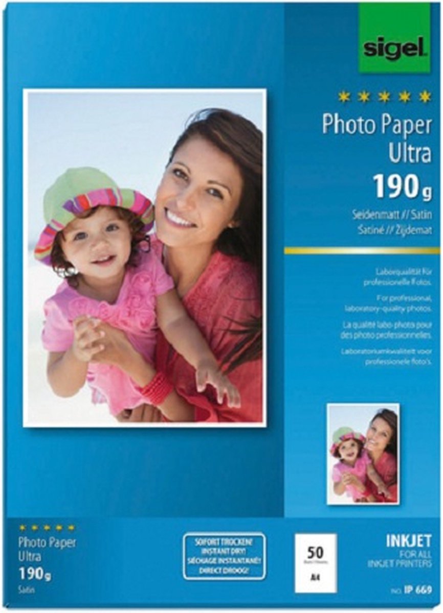Sigel inkjet fotopapier - ultra - a4 - zijdemat - 190 grams - 50 vel - si-ip669
