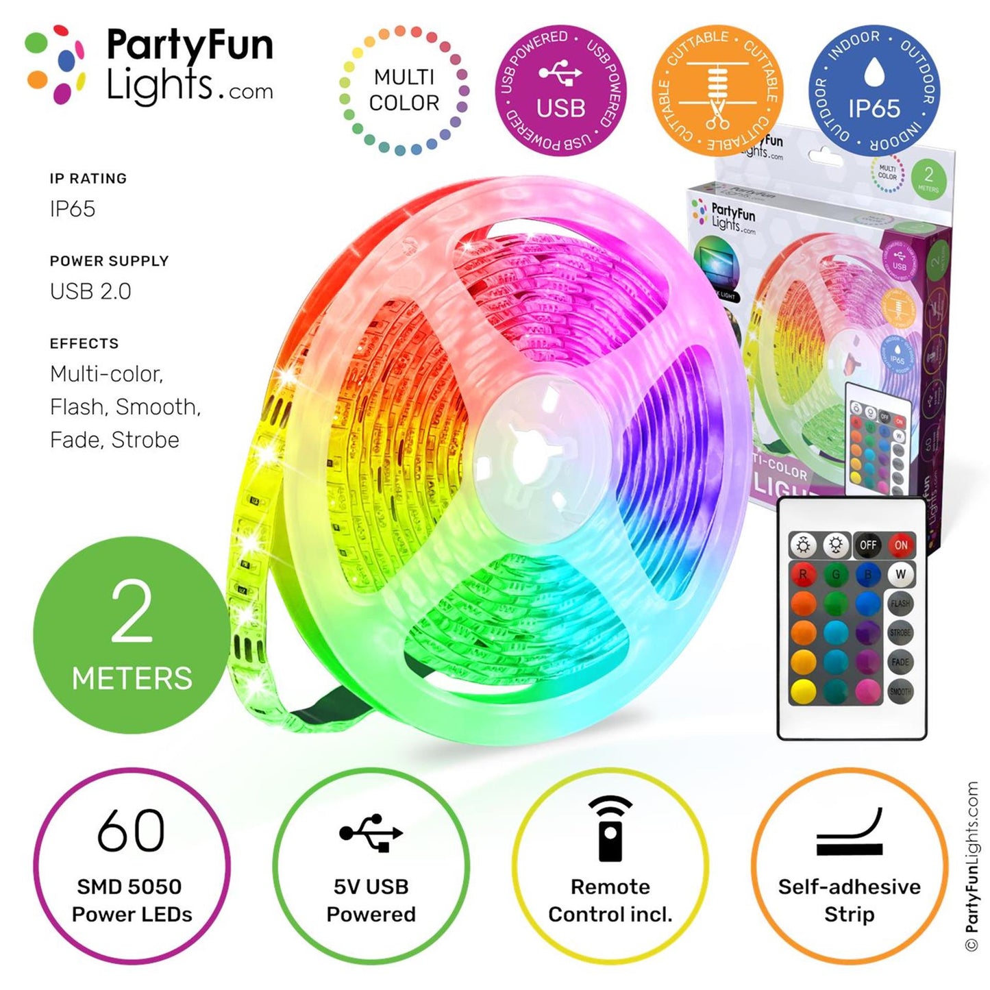 Partyfun luci striscia led usb 2 metri ip65