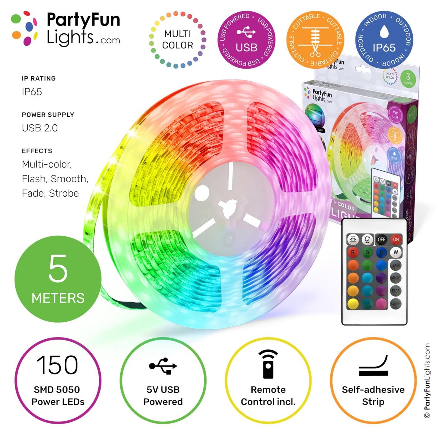 Partyfun lights led strip usb 5 meter ip65