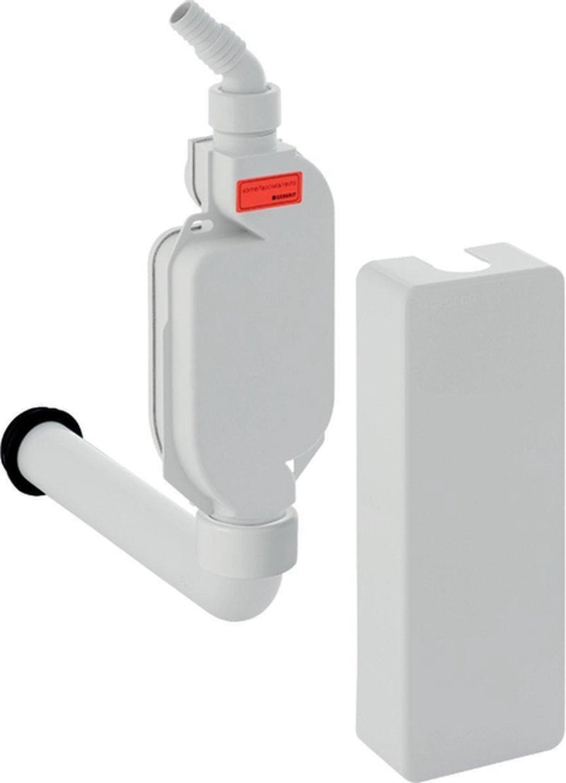 Sifón de tubo de superficie Geberit para vajilla o lavadora de polipropileno con material de fijación para montaje en pared y placas de cubierta blancas