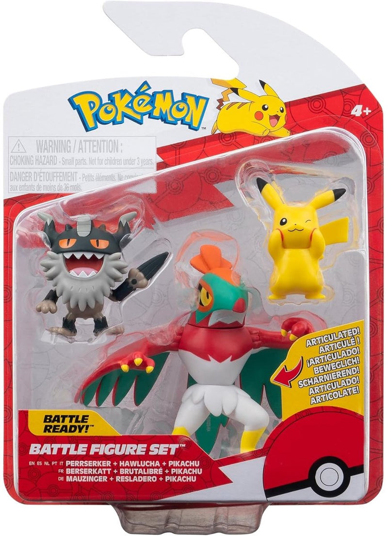 Jazwares pokémon battle figure set 3-pack pikachu #8, perrserker, hawlucha figura de acción de 5 cm