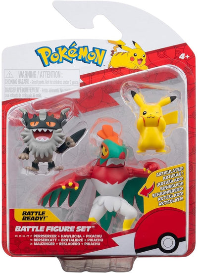 Jazwares pokémon battle figure set 3-pack pikachu #8, perrserker, hawlucha 5 cm action figure