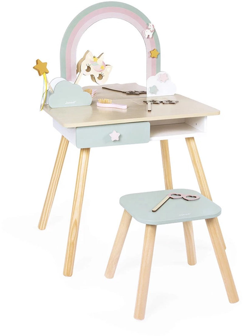 Janod - unicornio - mesa de peluquería de madera con accesorios
