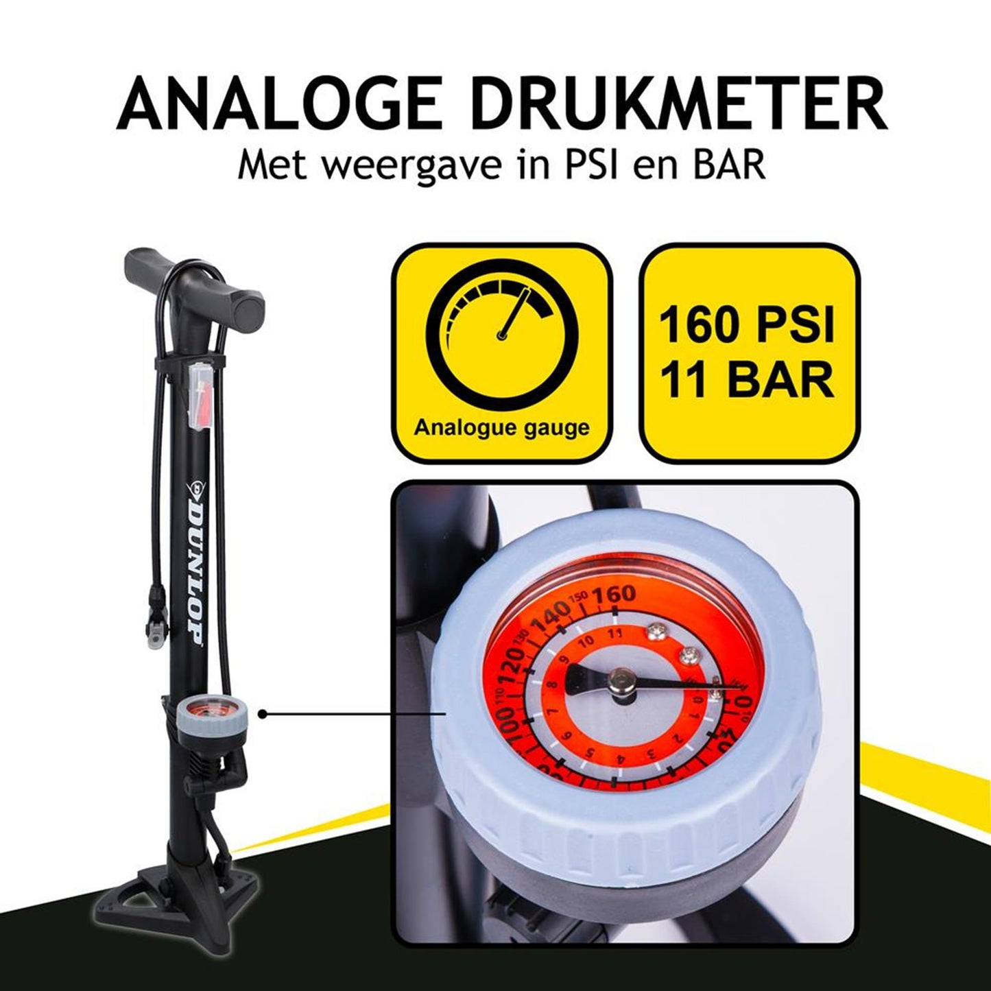 Dunlop Standing Bicycle Pump Version Print Meter Assicatore Testa a doppia valvola Black