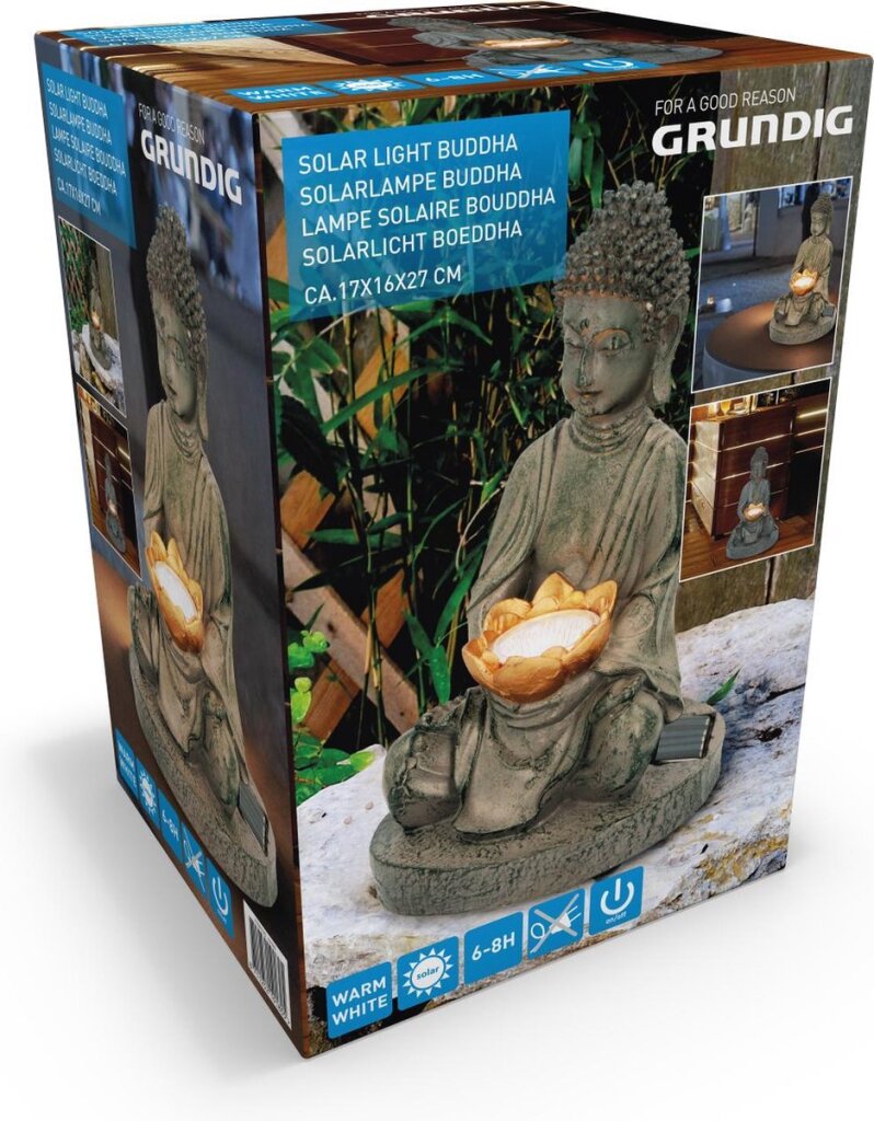 Grundig Grundig Buddha Imagen con botón LED de solar LED DURO DE FUEGO DE FUEGO 6-8 horas 17x16x27cm