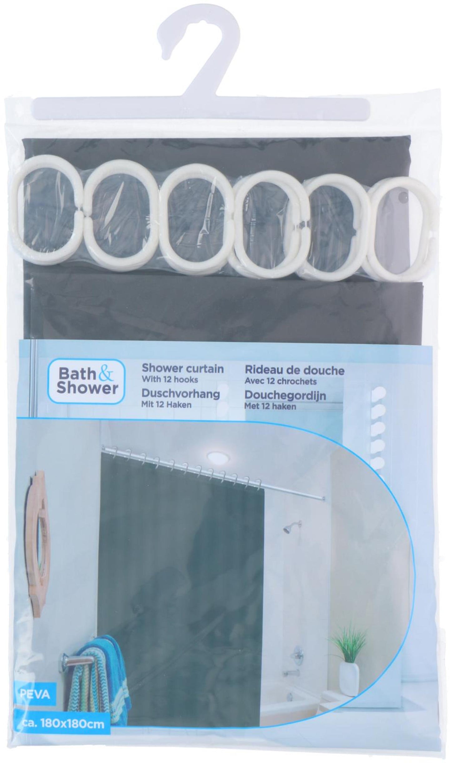 Lifetime clean douchegordijn met 12 ringen 180x180cm