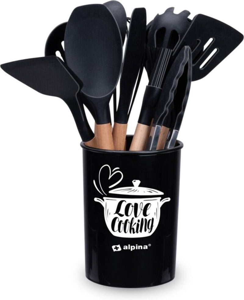 Juego de utensilios de cocina Alpina con soporte de 12 piezas Silicona Gerei con mango de madera negro