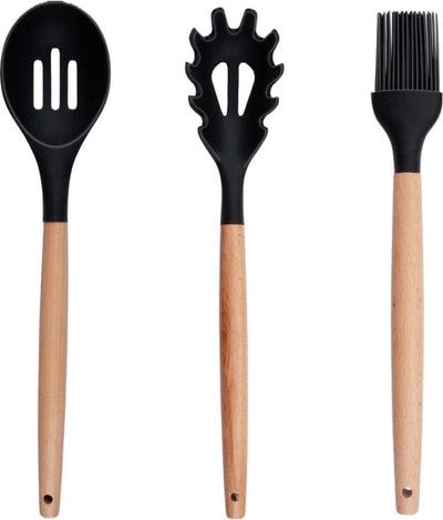 ALPINA Cucina set con supporto 12 pezzi Silicone Gerei con manico in legno nero