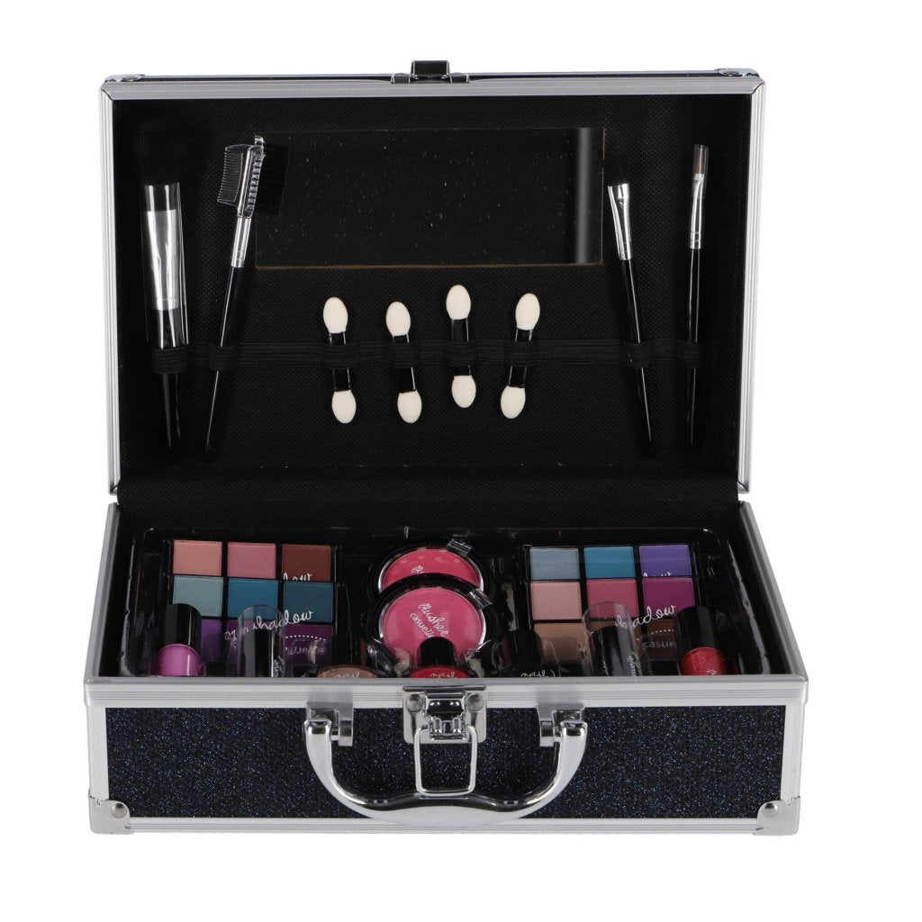 Estuche de maquillaje Casuelle de aluminio con purpurina azul oscuro