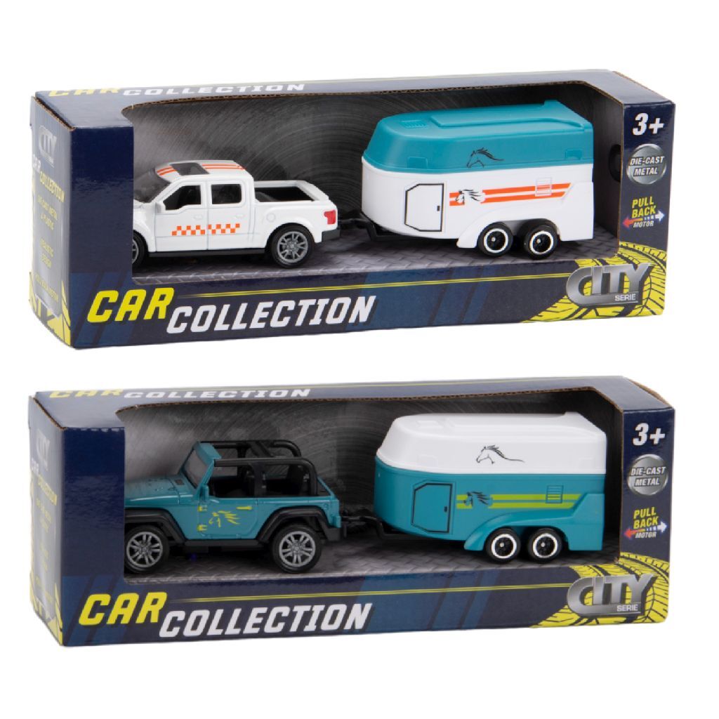 Collezione di city car pick-up pressofuso con rimorchio per cavalli 1:50 assortiti