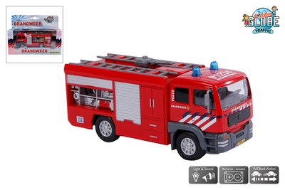 Kids globe brandweer tankauto nl die cast pullback action en licht en geluid 13cm