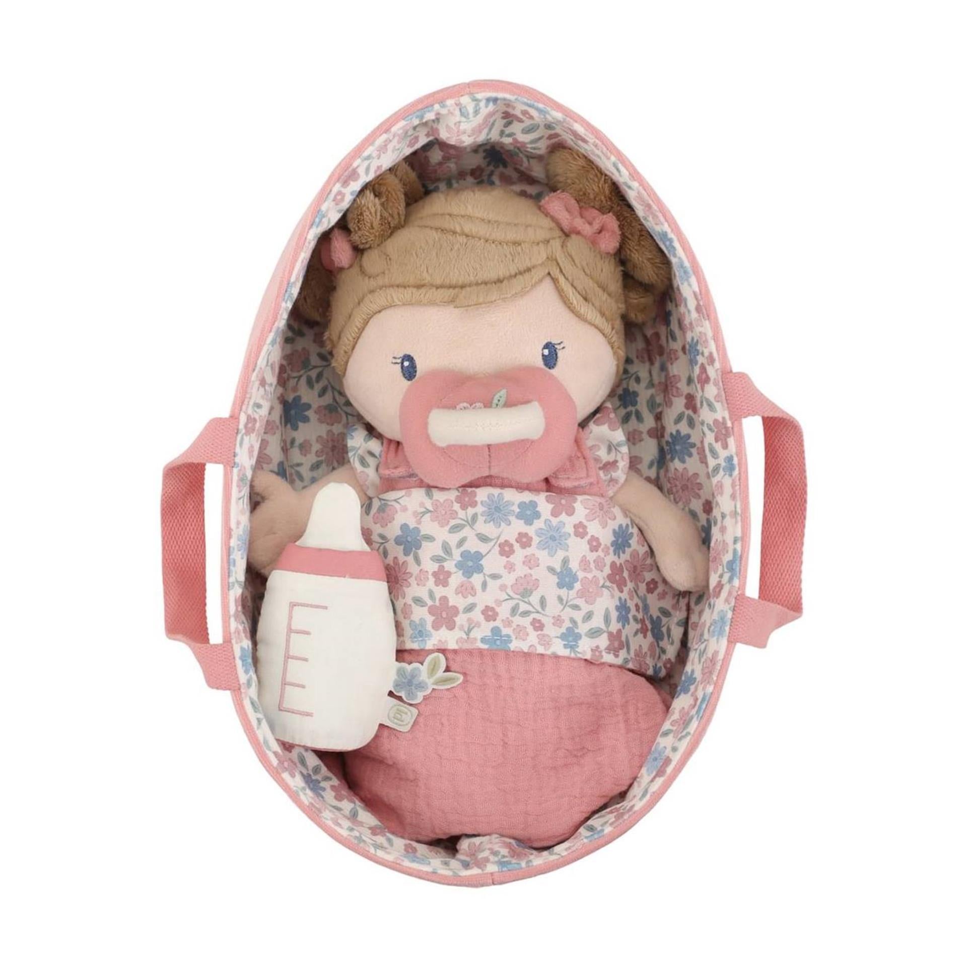 Piccola bambola olandese nel cestino rosa 25 cm