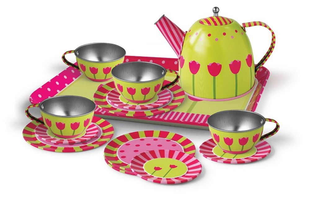 Simplemente para niños, simplemente para el té de tulipán de peltre colocado en la maleta