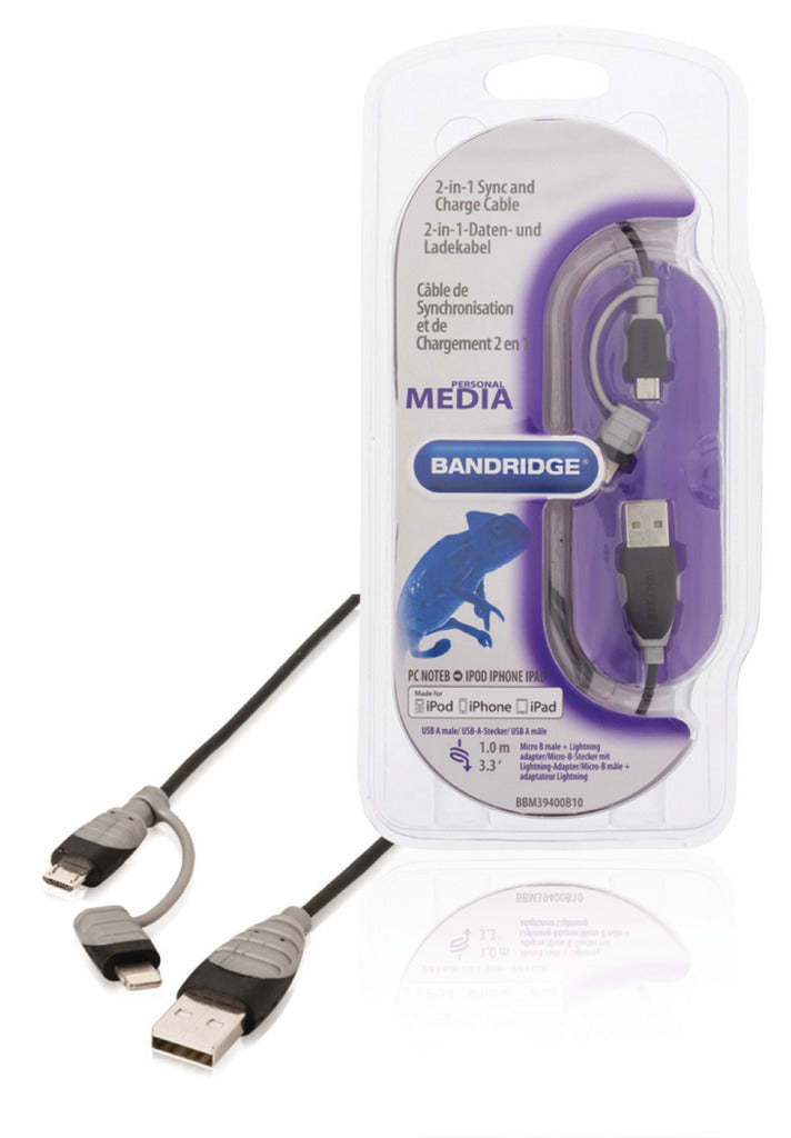 Bandridge Bandridge BBM39400B10 Datos 2-en-1 y cable de carga USB Micro-B Male + LightningAdapter A Male 1.00 m Negro